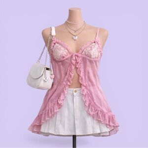 Vintage Y2K Pink Sheer Ruffle Cami Top Lace Trim Lingerie Style L Coquette Fairy